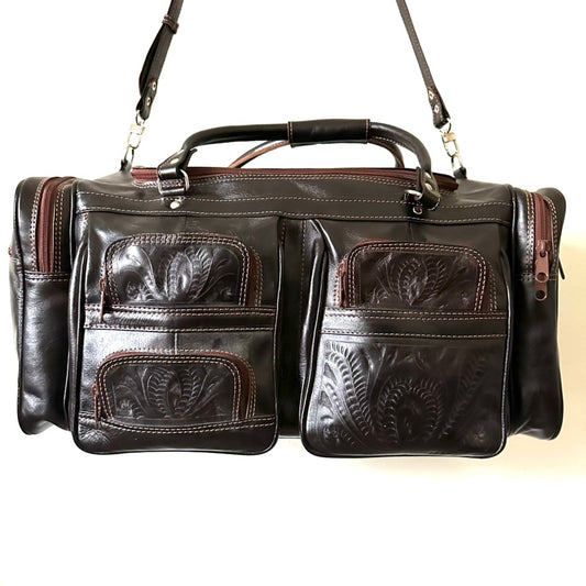 Carlucci Leather - Western Style Duffle Bag - Natural Tooled Leather