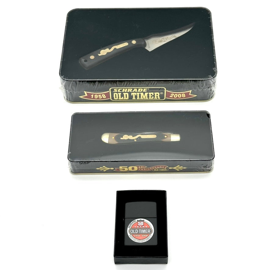 Schrade Old Timer 50 Years 1958-2008 Lot - 1 Fixed Blade, 1 Folding Knife, 1 Zippo - Original Packaging