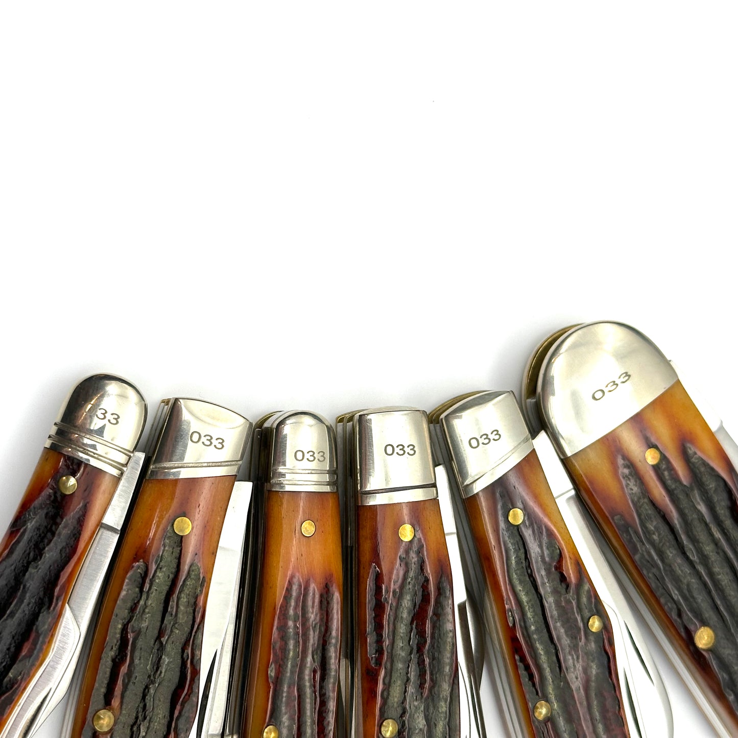 Rigid by Canal Street Cutlery Complete Set of 6 Knives - Amber Carved Stag Bone Handles - Matching S/Ns 33 of 70 - 2007