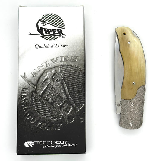 Viper Drop Point Folding Lockback Knife - Blonde Ram Horn Scales - Black Leather Pouch - 5510MO