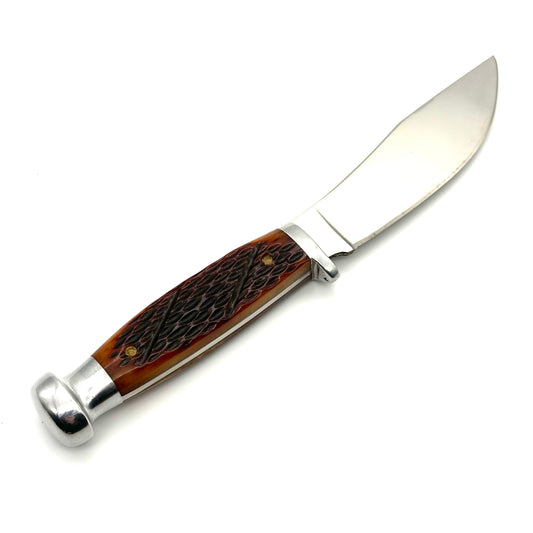 Robeson Pocketeze Fixed Blade Knife - Amber Handles - Brown Leather Sheath - RS98AWG