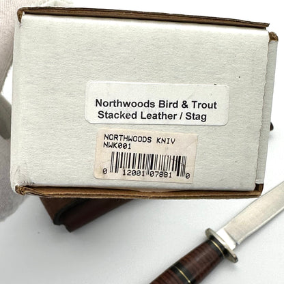 Northwoods Button Hole Bird & Trout Knife - Stacked Leather & Stag Handles