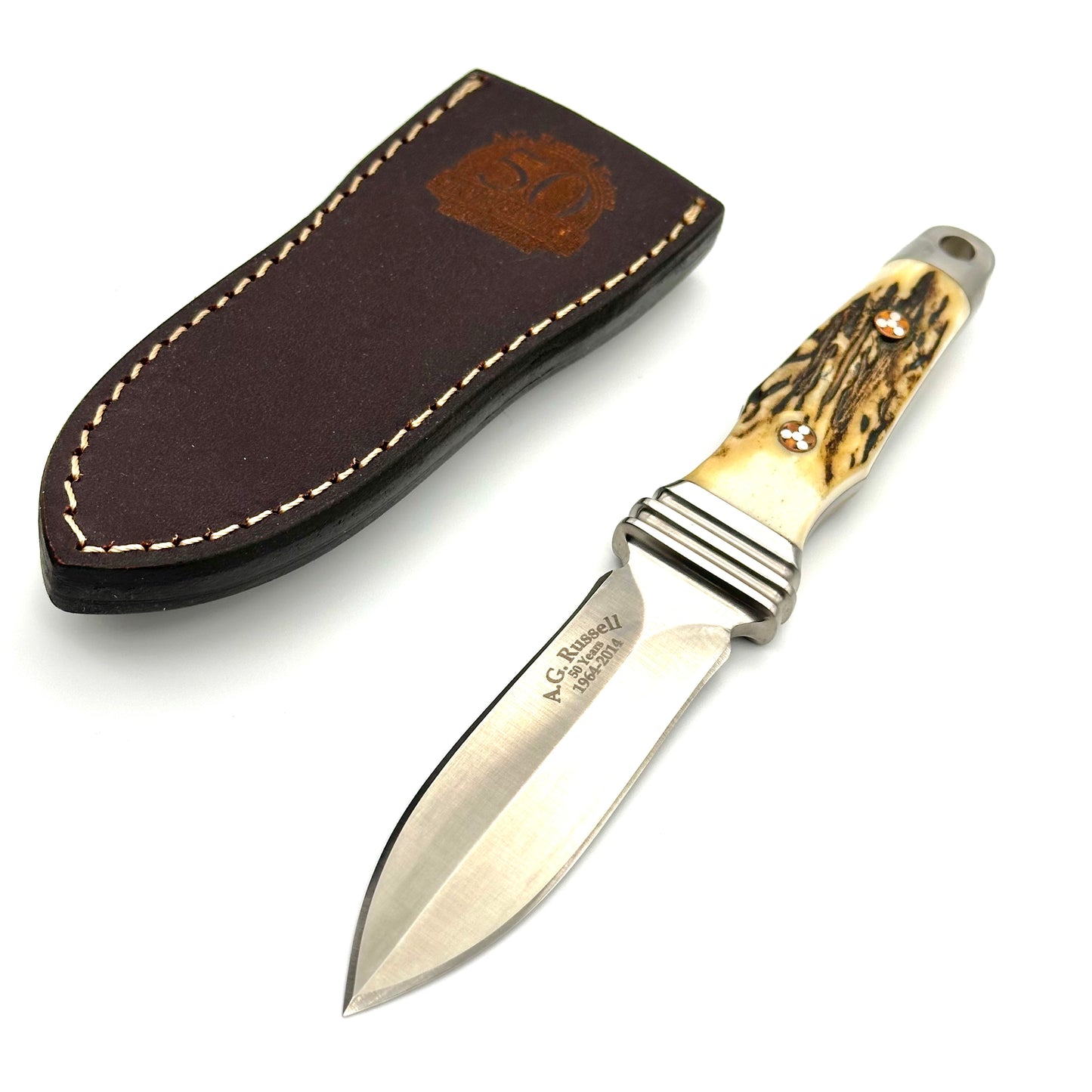 AG Russell 50th Anniversary Sting 3 Boot Knife w Leather Sheath - Stag Handles