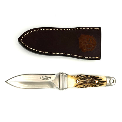 AG Russell 50th Anniversary Sting 3 Boot Knife w Leather Sheath - Stag Handles