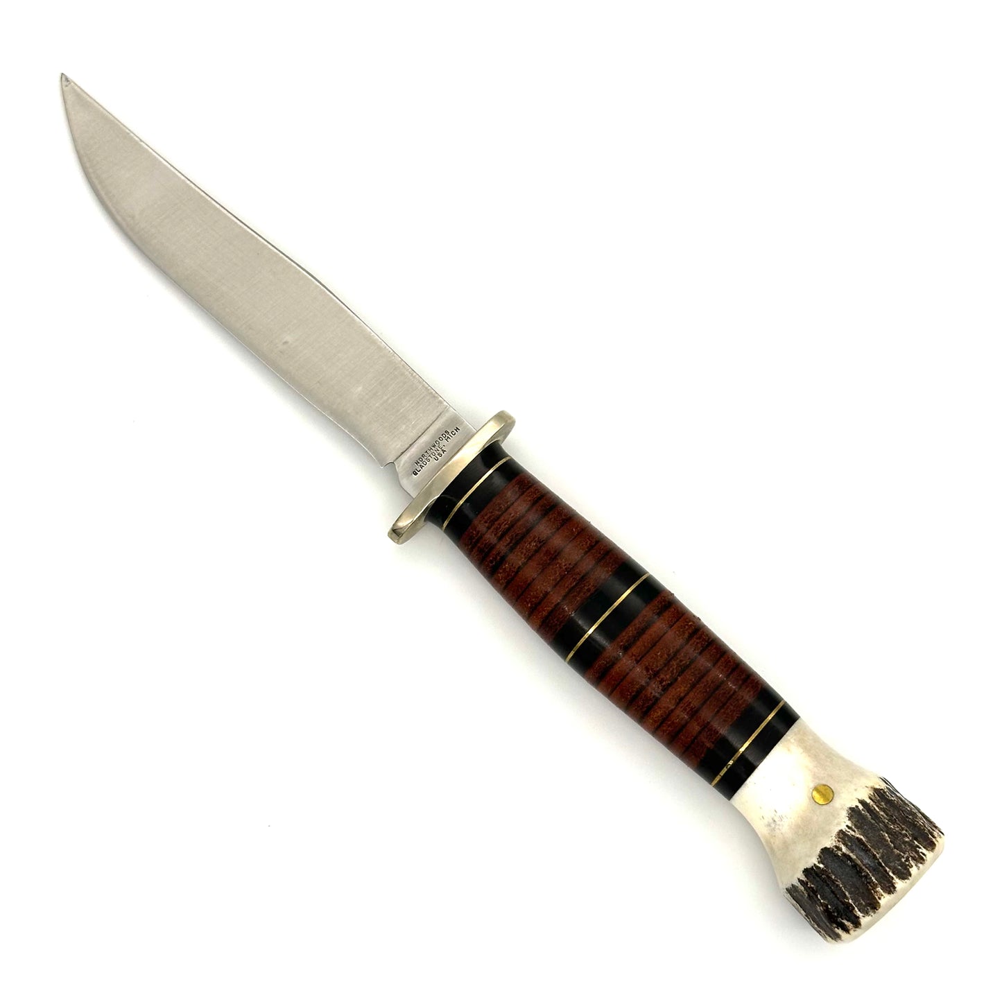 Northwoods Button Hole Bird & Trout Knife - Stacked Leather & Stag Handles