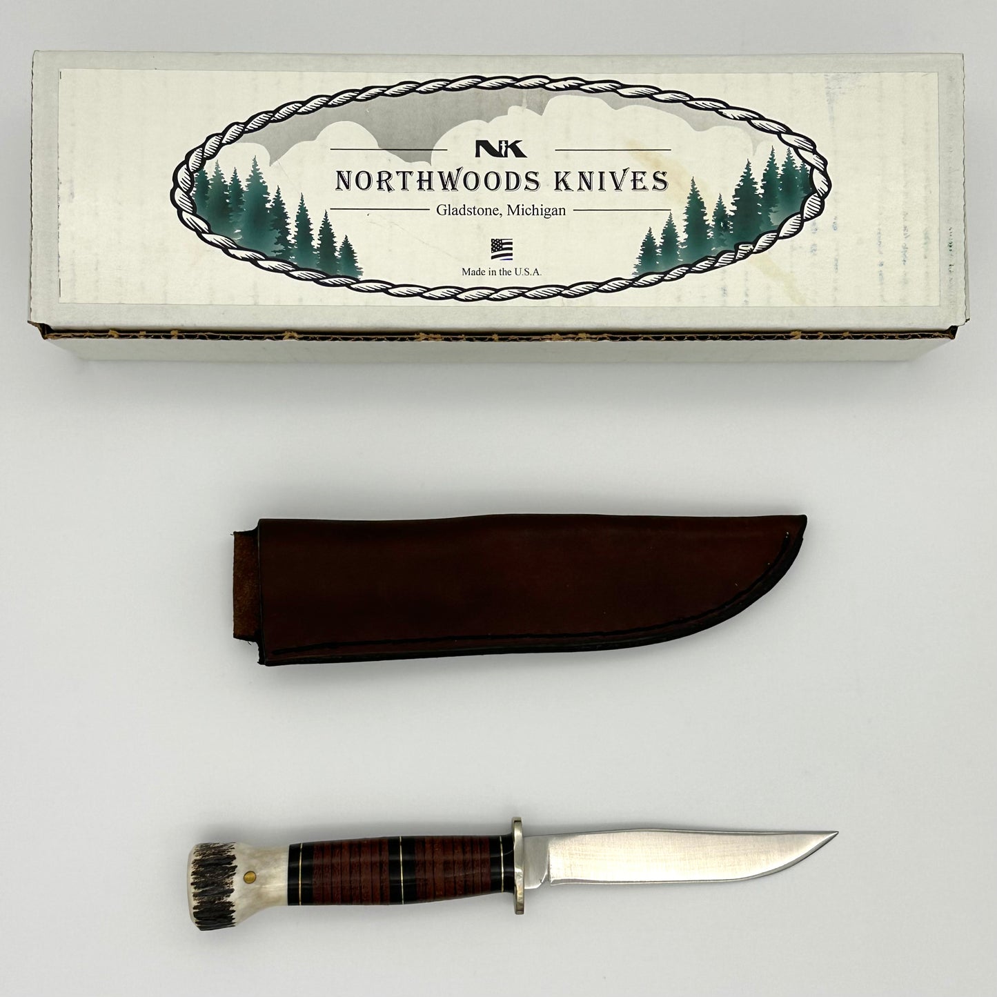 Northwoods Button Hole Bird & Trout Knife - Stacked Leather & Stag Handles