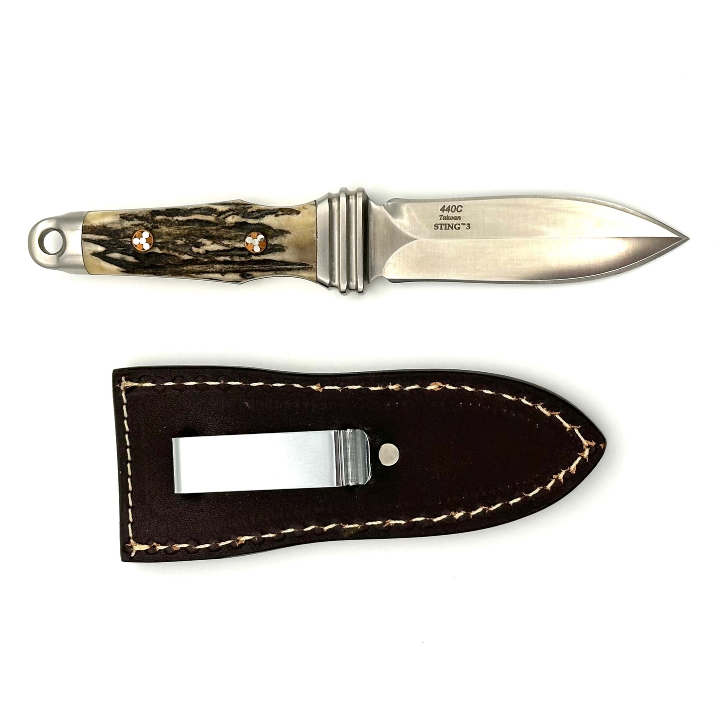 AG Russell 50th Anniversary Sting 3 Boot Knife w Leather Sheath - Stag Handles