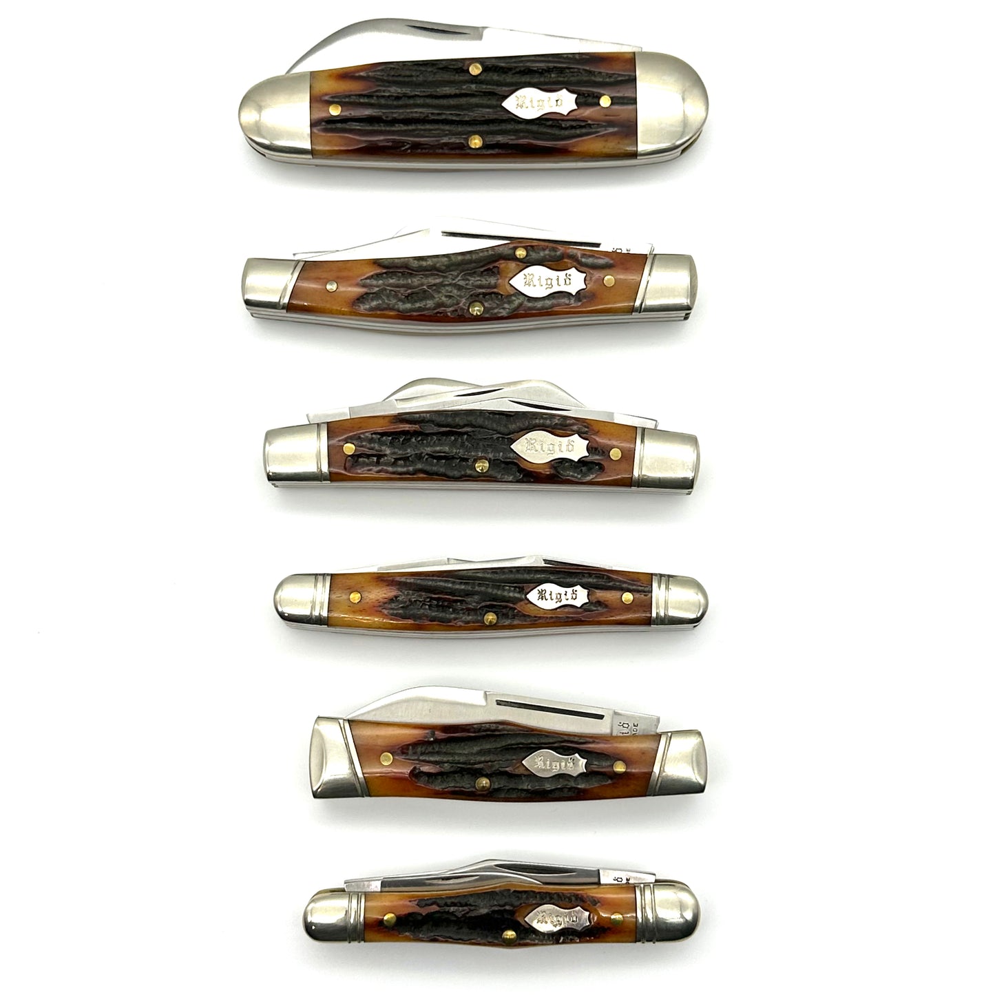 Rigid by Canal Street Cutlery Complete Set of 6 Knives - Amber Carved Stag Bone Handles - Matching S/Ns 33 of 70 - 2007