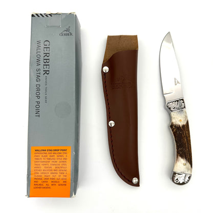 Gerber Wallowa Drop Point Fixed Hunter - Stag Handles - Leather Sheath - 22-01841