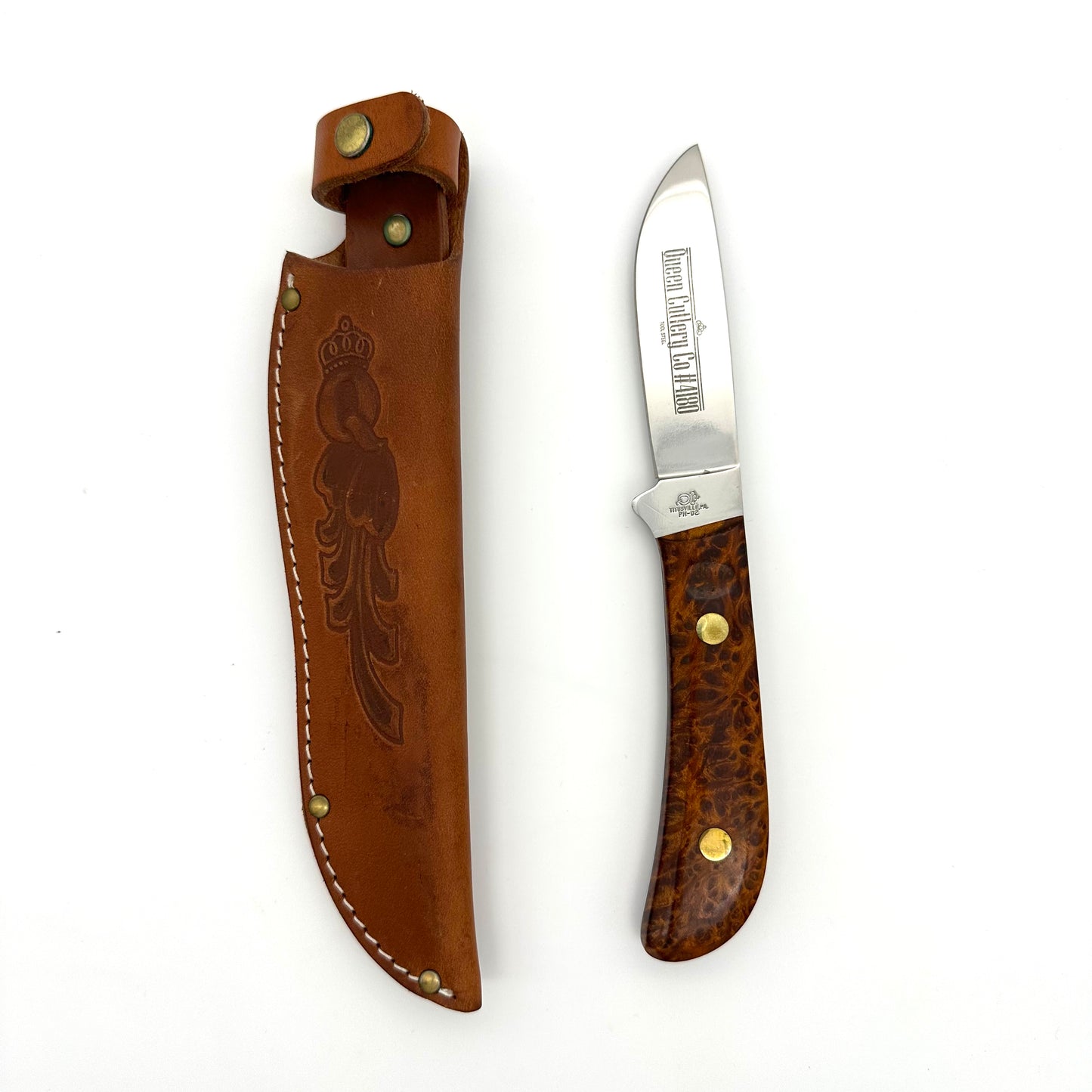 Queen #4180 Premium Drop Point Hunter - Maple Burl Handle