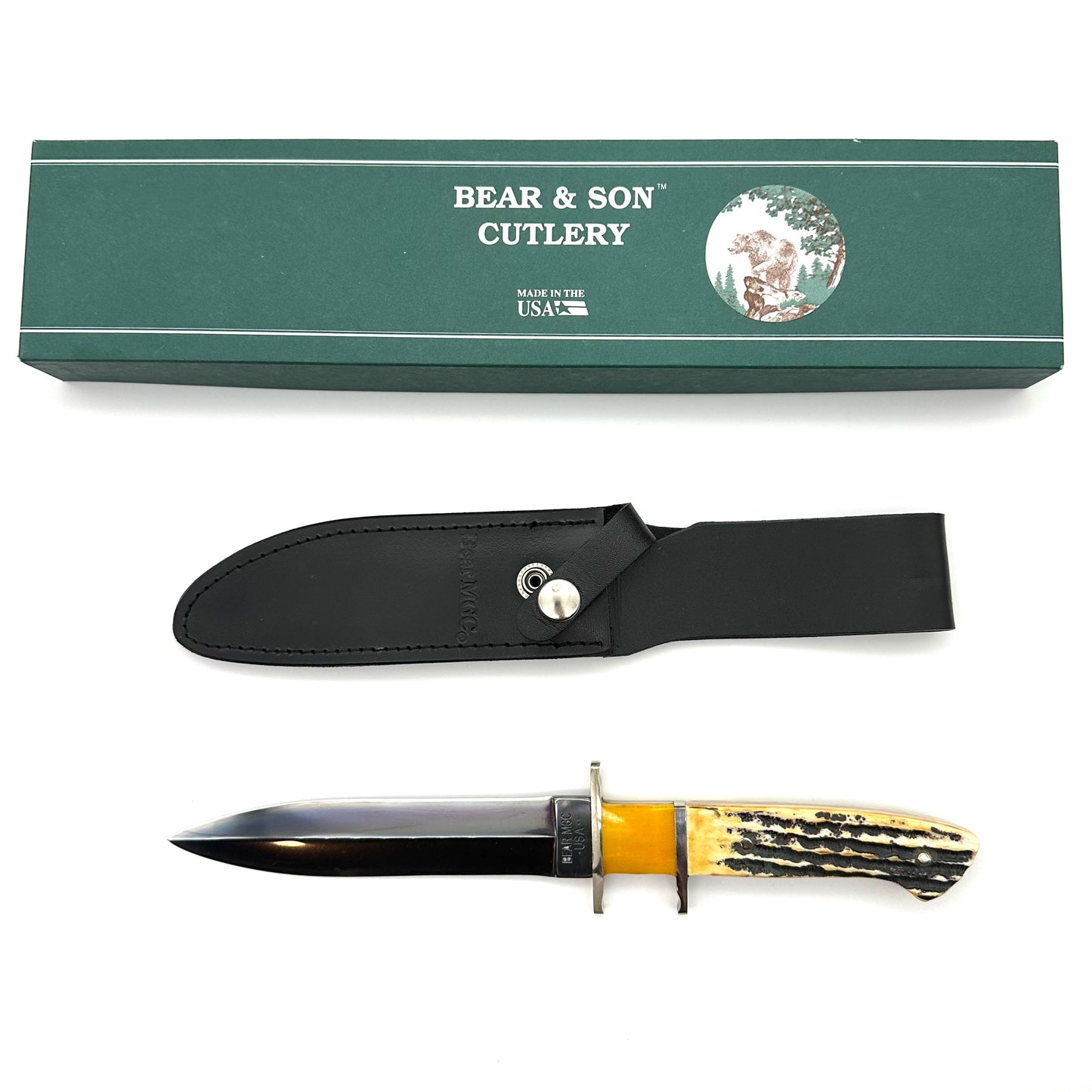 Bear & Son 1 1/2" Double Edge Fixed Blade Knife & Leather Sheath - Stag Bone Handles - 5YB95T