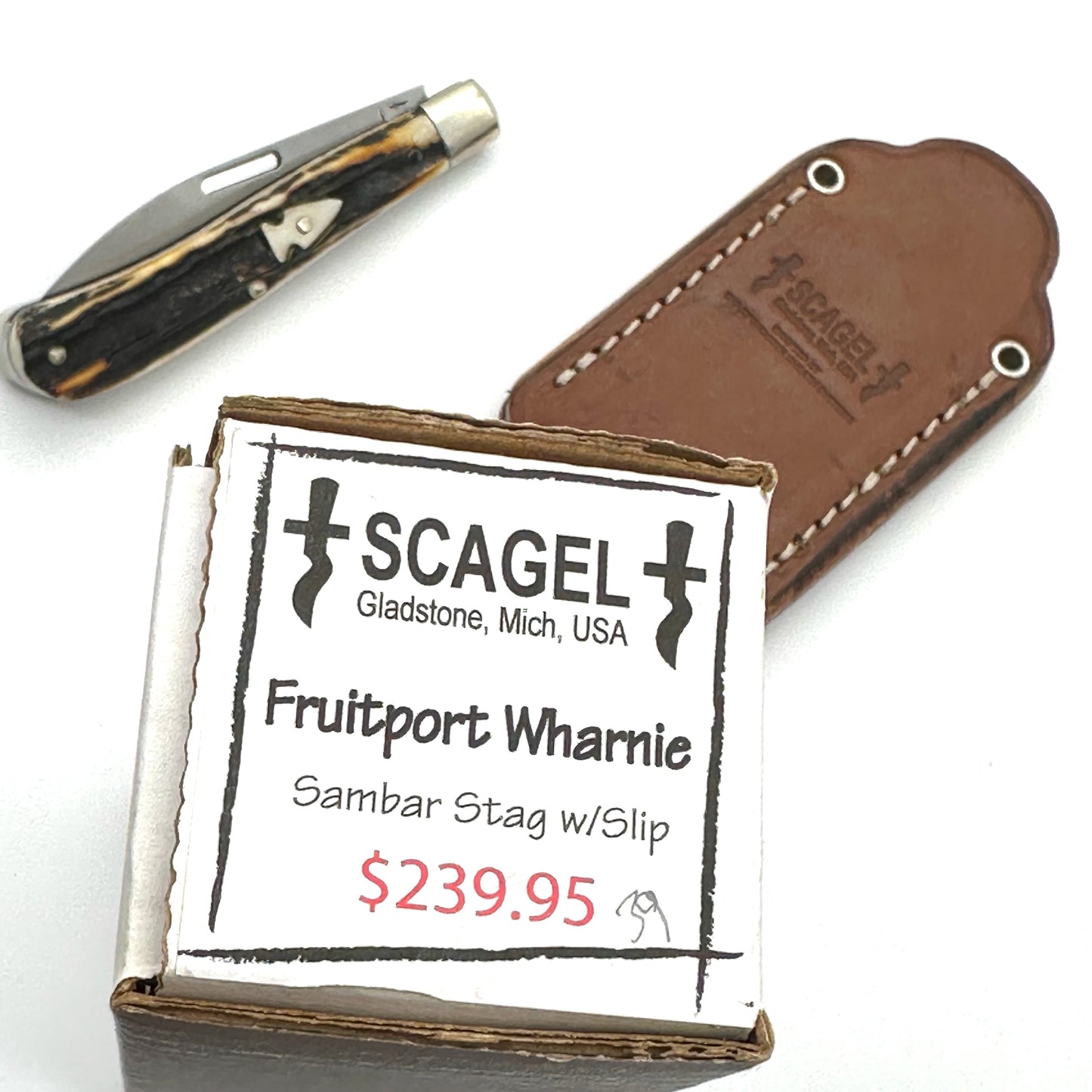 Scagel Fruitport Wharnie Folding Knife - Sambar Stag Handles w Leather Slip - 2010