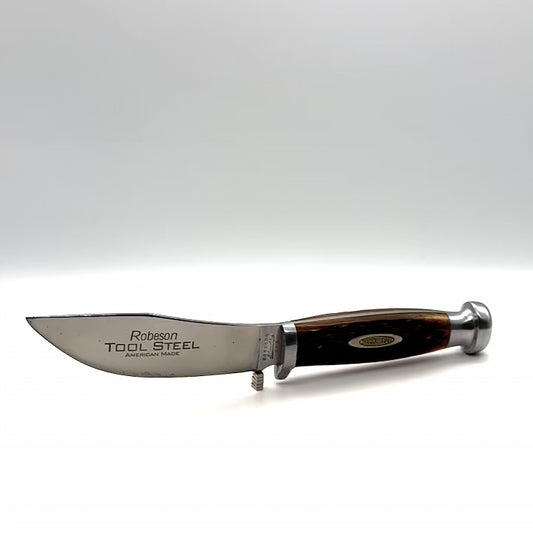 Robeson Pocketeze Fixed Blade Knife - Amber Handles - Brown Leather Sheath - RS98AWG